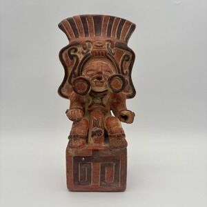 Vintage Tonal Mexican Pottery Seated Figure Statue Handmade Terracotta Folk Art